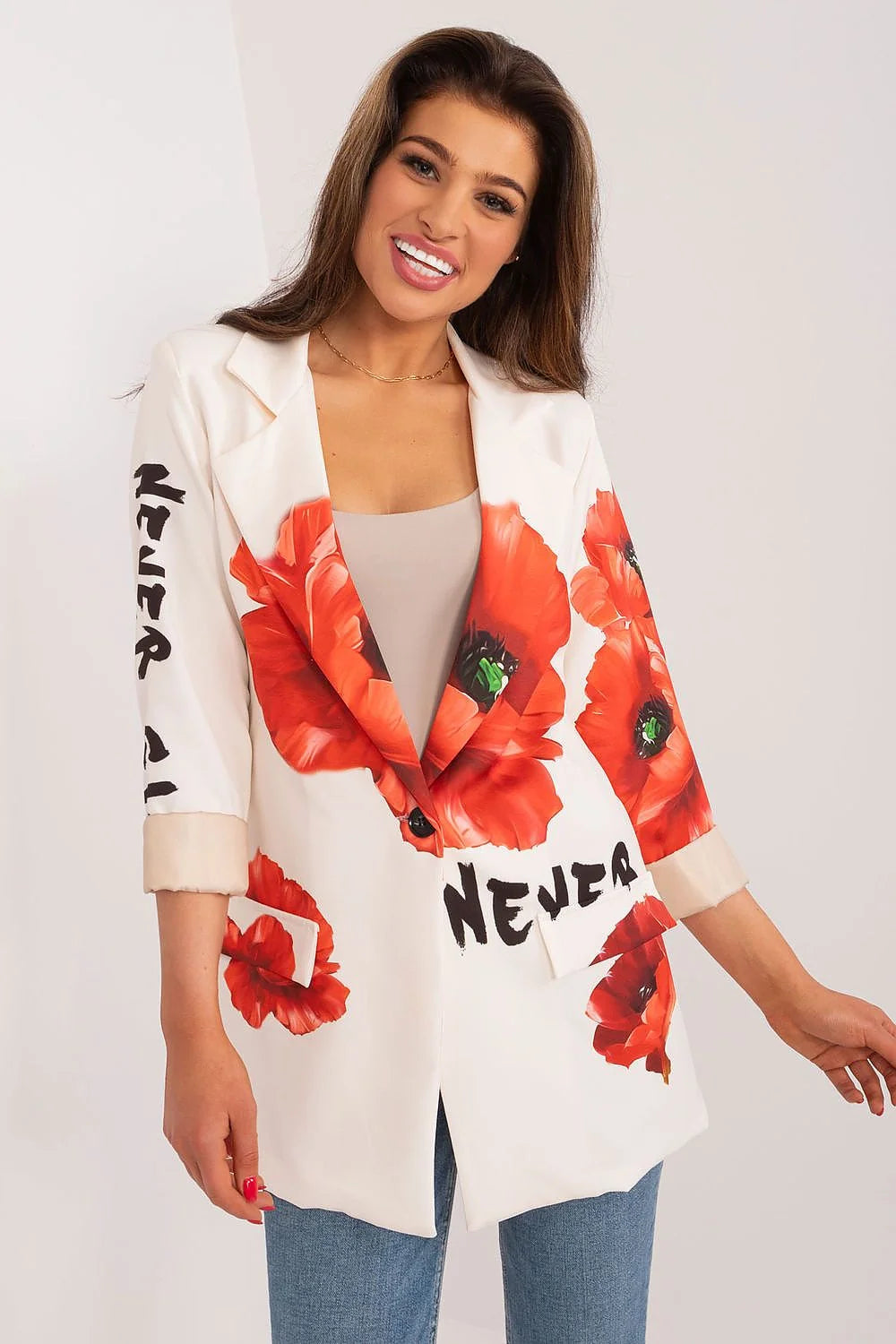 Veste pour femme en polyester imprimé floral coloré style moderne audacieux coupe droite longueur standard manches longues col à revers crantés