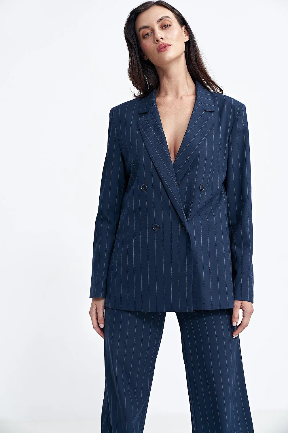 Veste croisée femme double boutonnage rayures classiques bleu marine beige taille ajustée blazer élégant professionnel