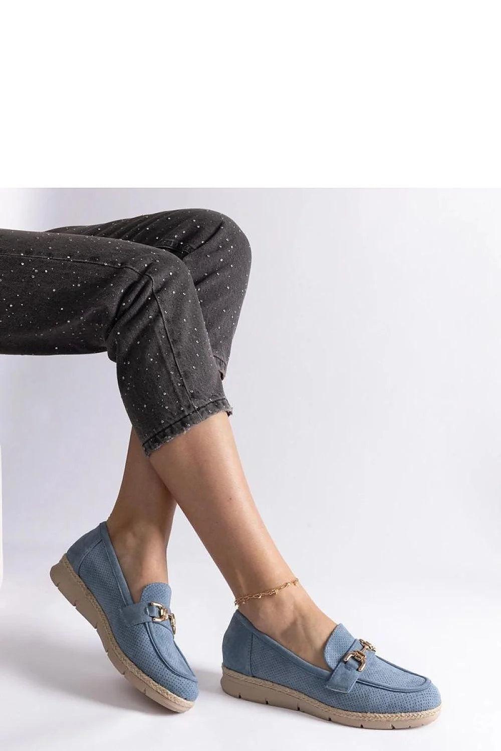 Moccasins femmes Gemre Sandoval bleu suédine cuir nubuck boucle dorée confort porté toute la journée occasion quotidienne décontracté chic