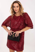 robe courte sequins bordeaux coupe droite taille elastique cintrée col rond manches kimono mi longues doublée confortable stretch polyester elasthanne