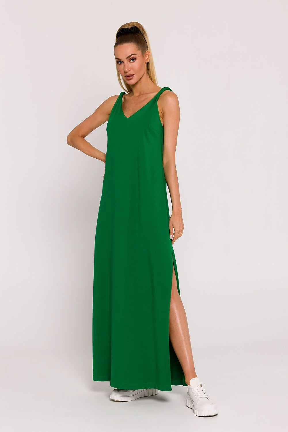 Robe de jour Moe longue sans manches en V vert vif fente latérale élégante summer style femme