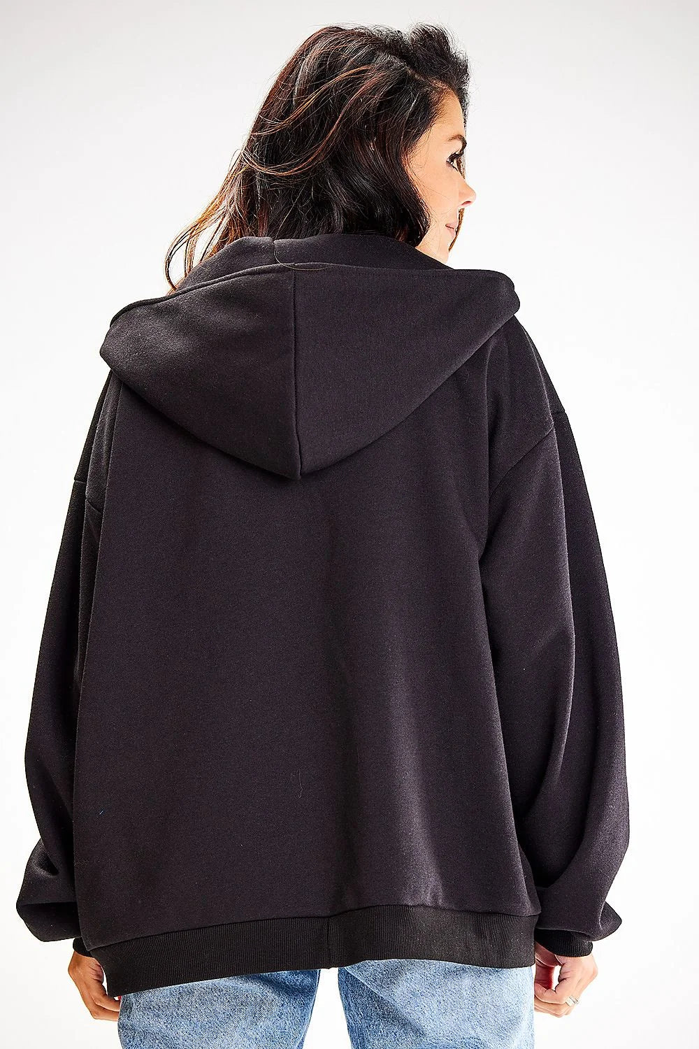 sweatshirt zippé capuche oversize noir molleton coton élasthanne poches kangourou manches bouffantes bordcôte doublure chaude coupe ample streetwear