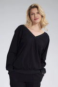 Sweatshirt femme en coton V-neck manches longues noir dos ruban décoratif confortable