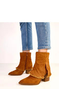 bottines femme suédé cognac écologique chevillière fendue frangée superposée bout pointu talon 9cm empilé zippée semelle robuste confort