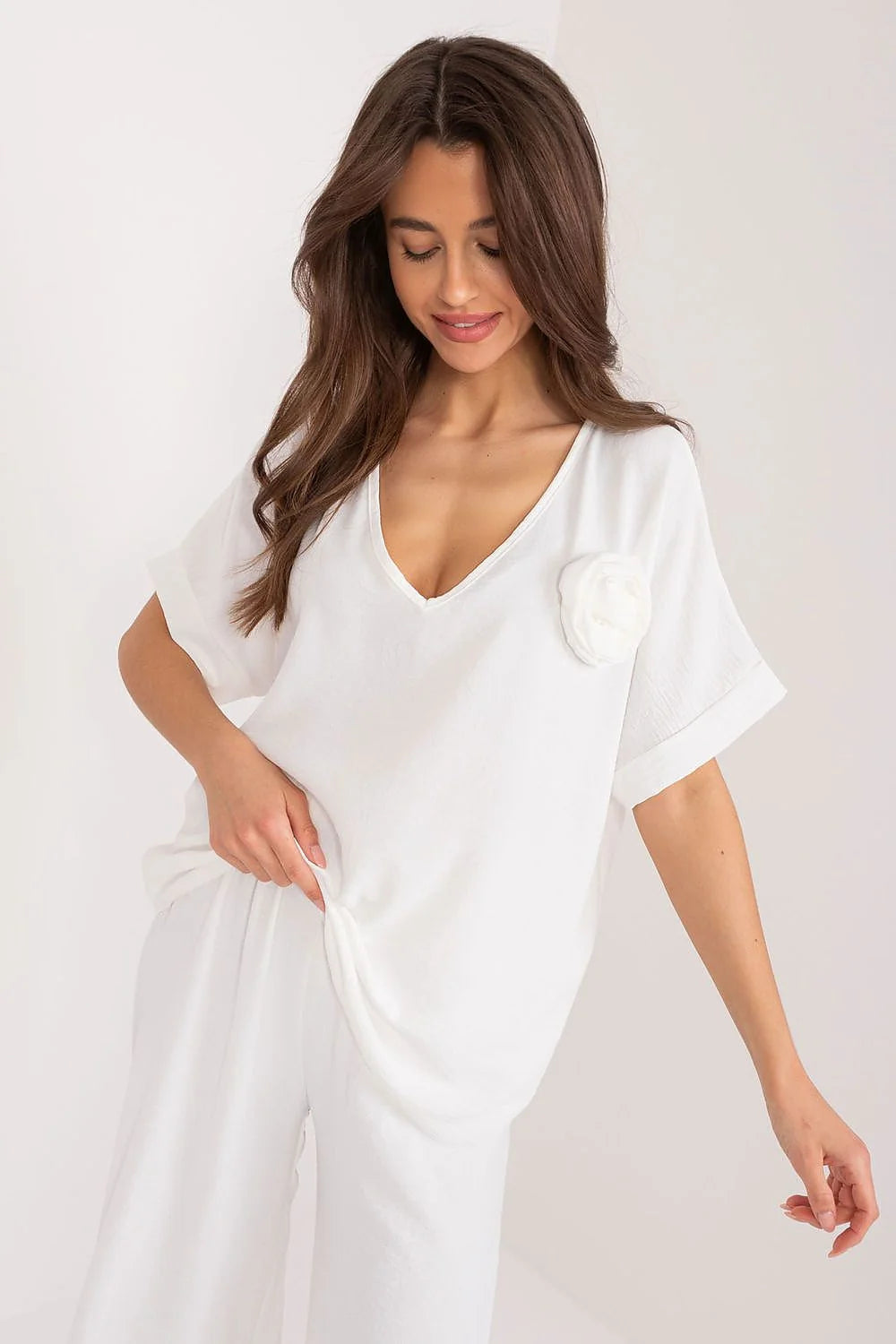 Chemisier Italy Moda Femme Polyester Haute Qualité Oversize Encolure V Manches Courtes Décontracté Travail Social Journée