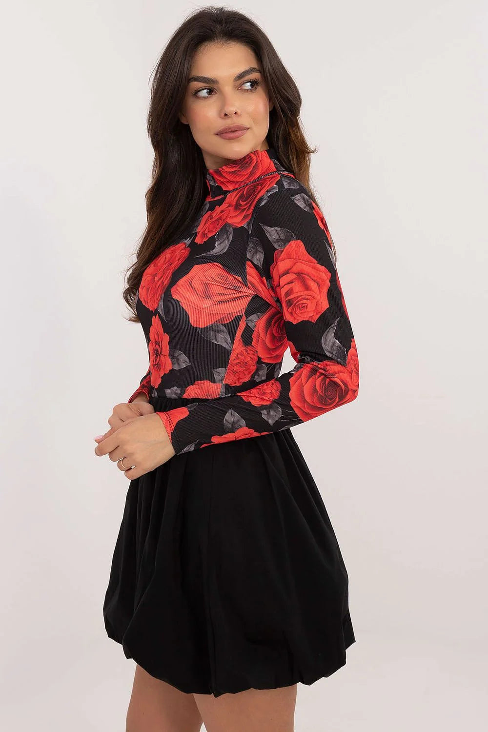 robe courte femme haut ajusté manches longues col montant volanté maille côtelée extensible imprimé floral roses rouge jupe froncée volumineuse