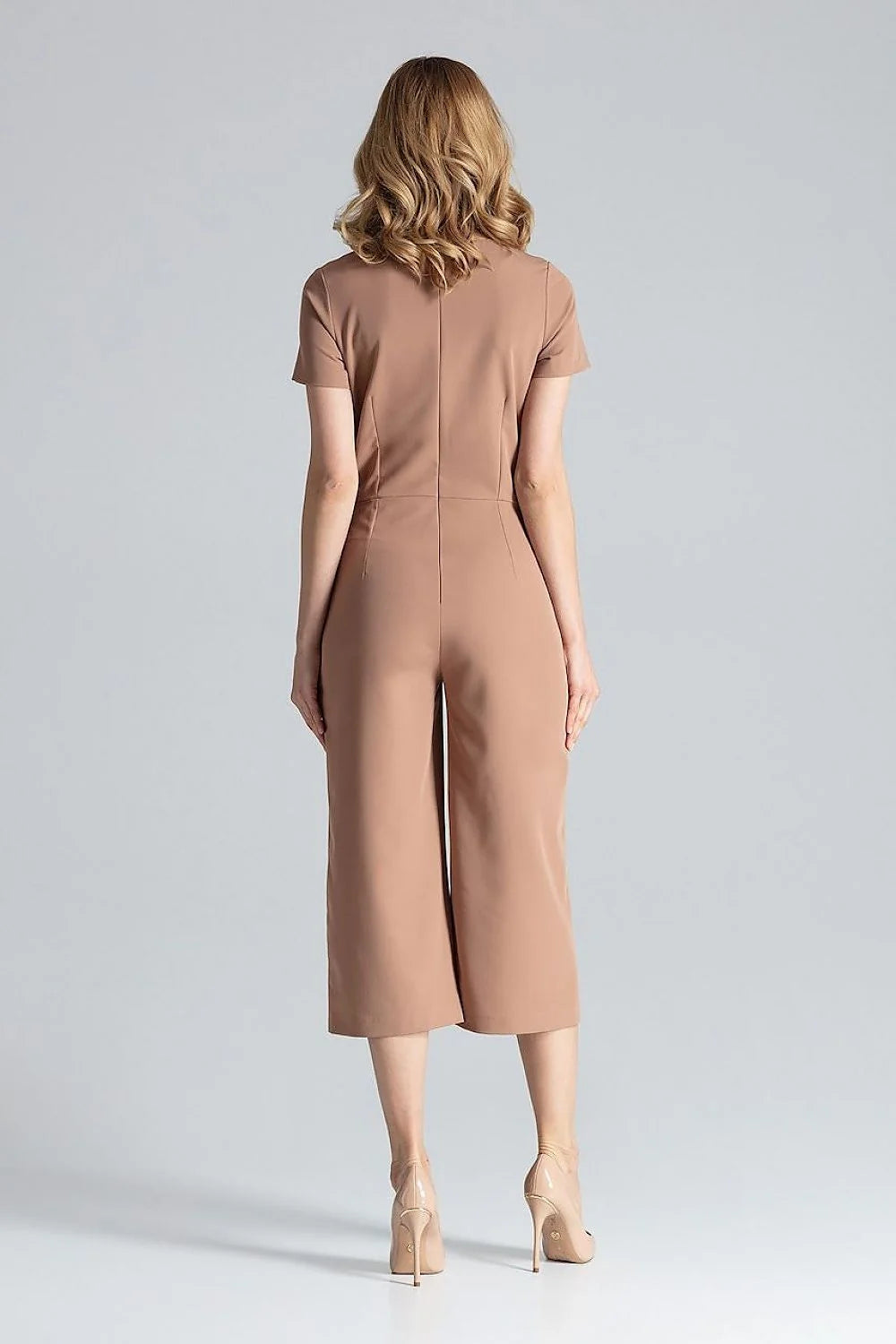Figl combinaison corail vif cachecoeur manches courtes taille cintrée pinces soignées tissu fluide structuré polyester viscose poches latérales fermeture glissière