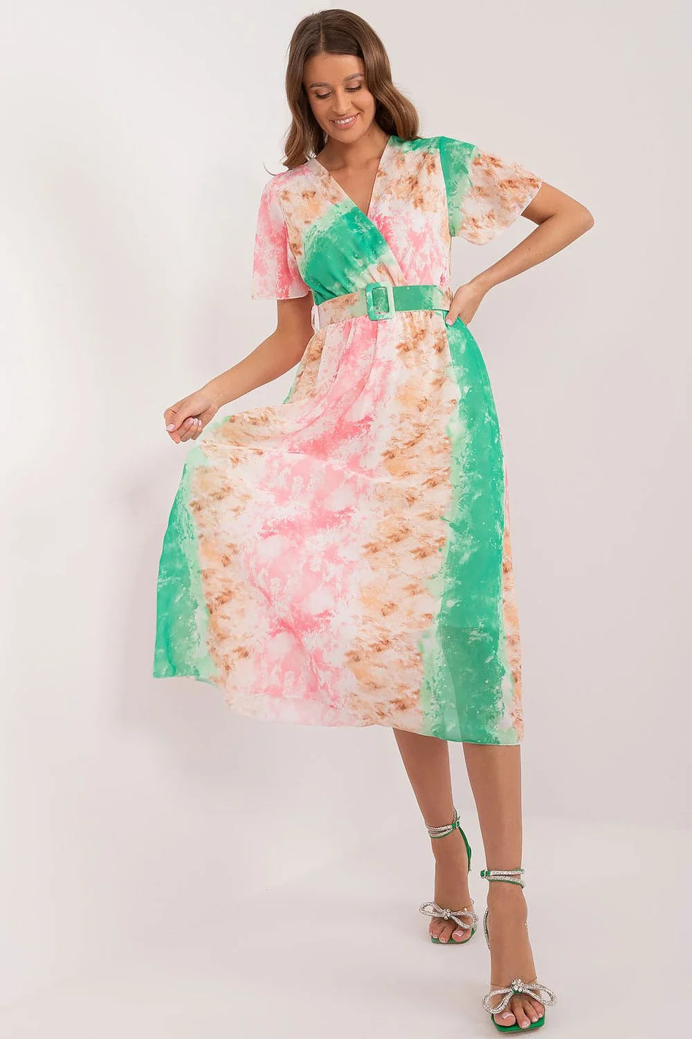 Robe de jour Italy Moda style estival tissu léger motifs pastel ceinture intégrée femmes
