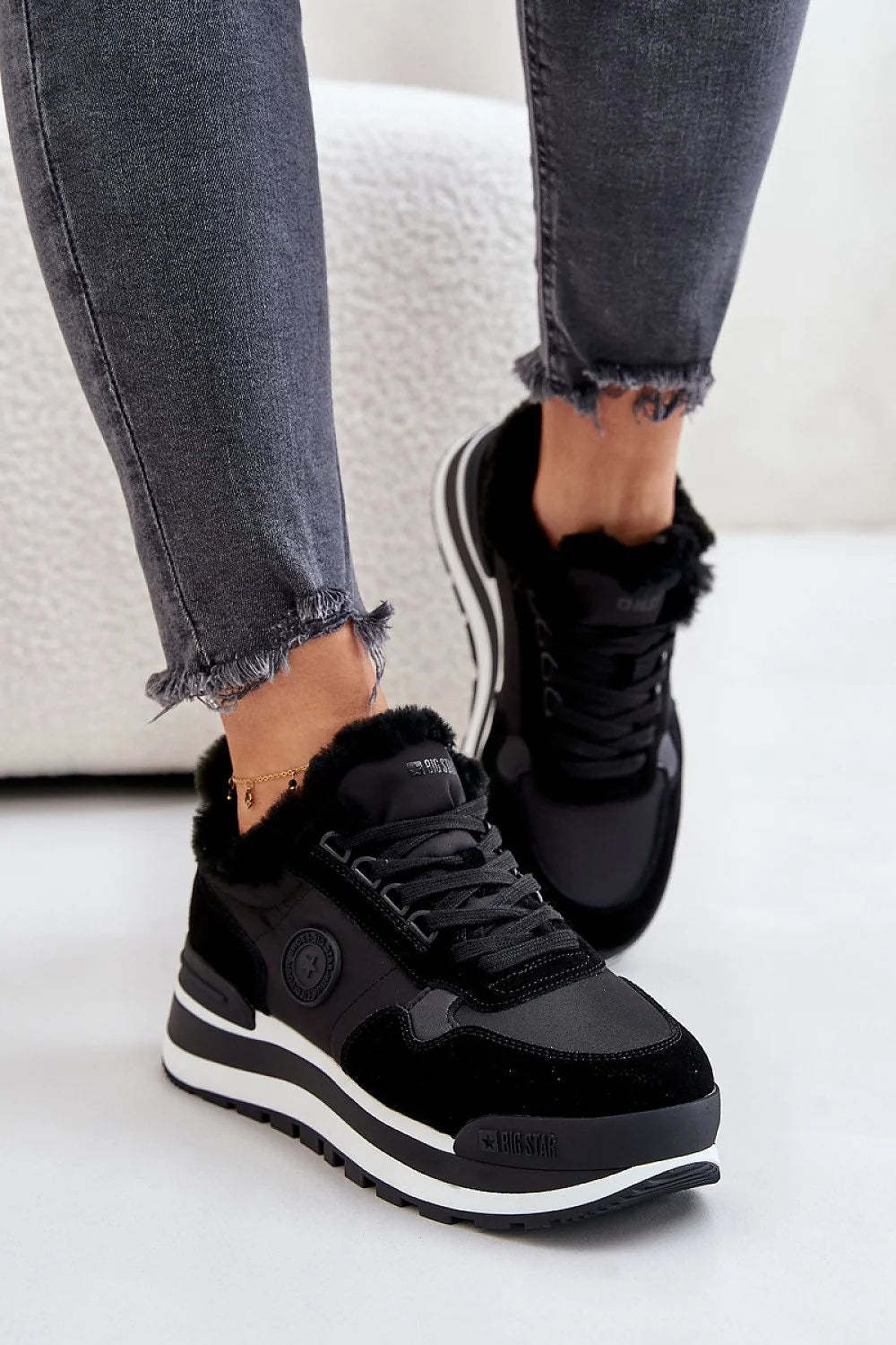 Chaussures de sport élégantes pour femmes, design moderne, cuir suédé, fourrure, semelle épaisse, occasion quotidienne, automne-hiver, style sportif, confortable, Taille 36-38, Big Star