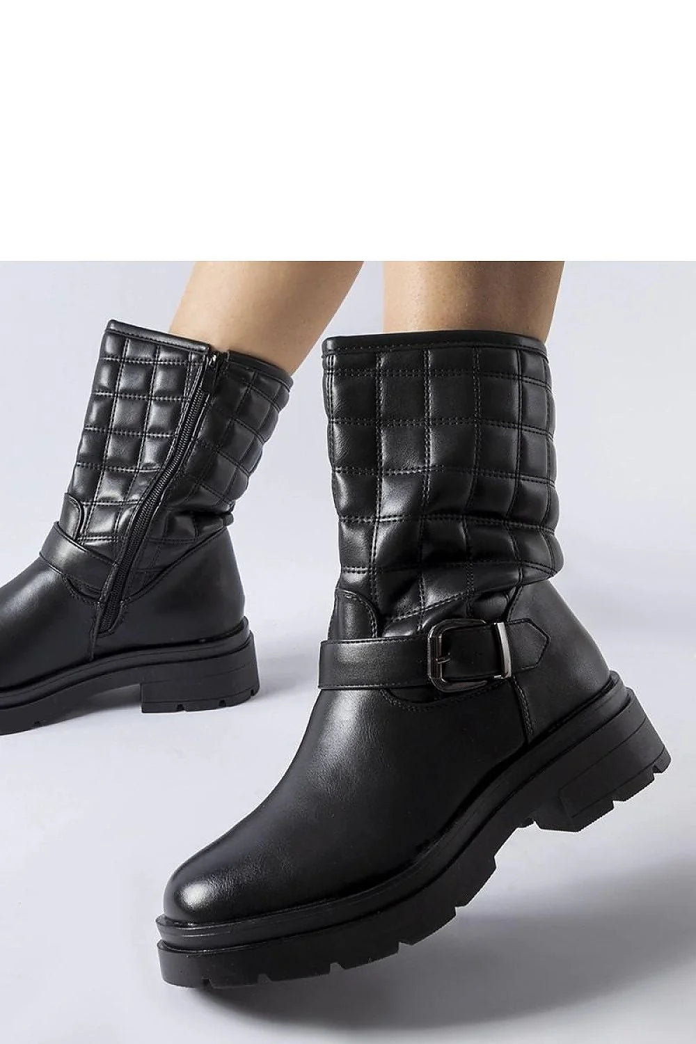 Bottes mi-hautes pour femmes design audacieux style urbain matelassé couleur noire fermeture éclair semelle antidérapante