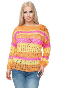Pullover féminin maille ajourée rayures colorées orange rose jaune manches longues col rond coupe ample maille respirante vêtement mode été printemps