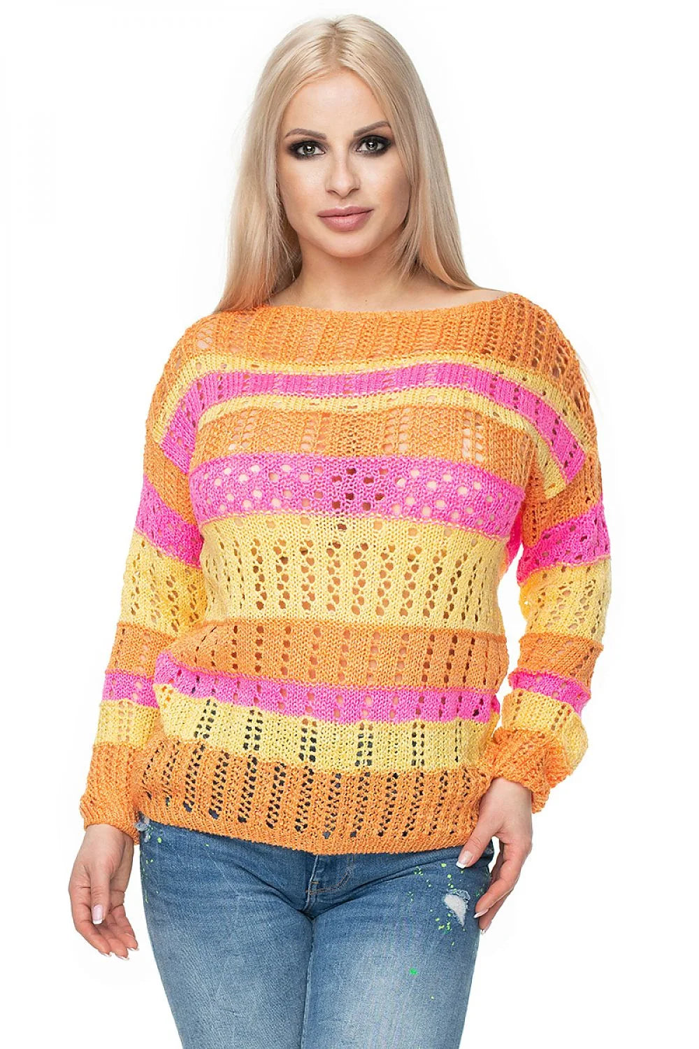Pullover féminin maille ajourée rayures colorées orange rose jaune manches longues col rond coupe ample maille respirante vêtement mode été printemps