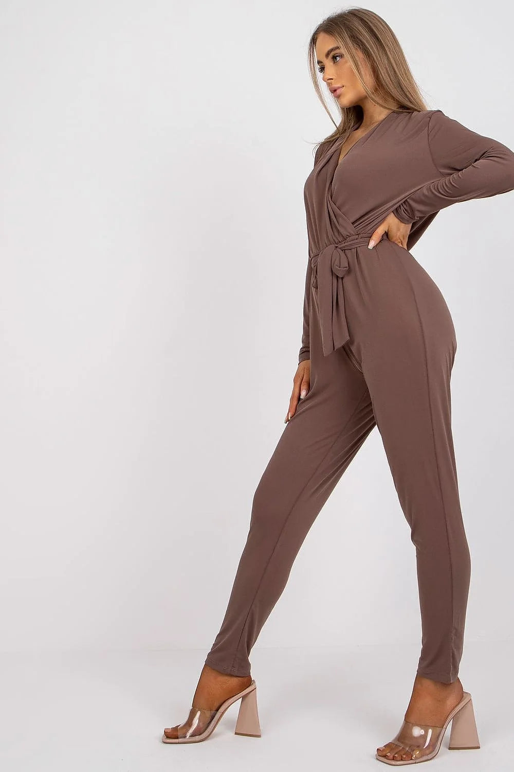 Combinaison Ex Moda moderne élégante manches longues en V ceinture tissu mélange polyester élasthanne couleur marron chocolat femme