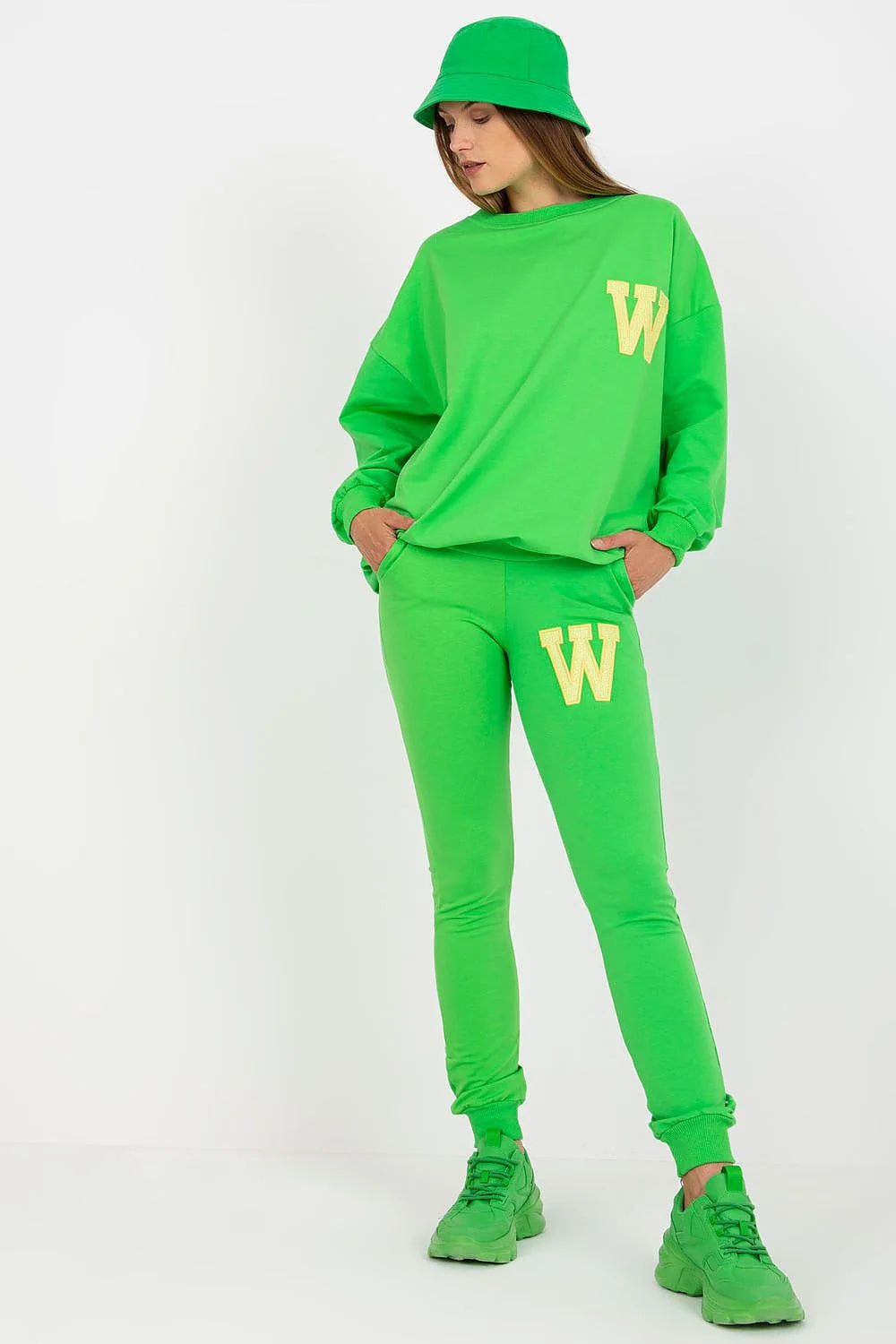ensemble sportswear femme jaune canari oversize sweat manches longues legging slim taille élastique coton élasthanne molleton poches appliqué W orange