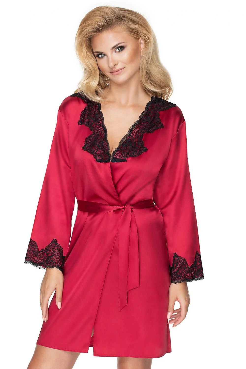 Peignoir en satin rouge avec dentelle noire élégant sexy romantique pour femme confortable et séduisant