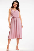 Robe élégante midi sans manches en viscose 97% en Pologne, taille ajustable, style intemporel, couleur rose poudré, robe féminine pour jours