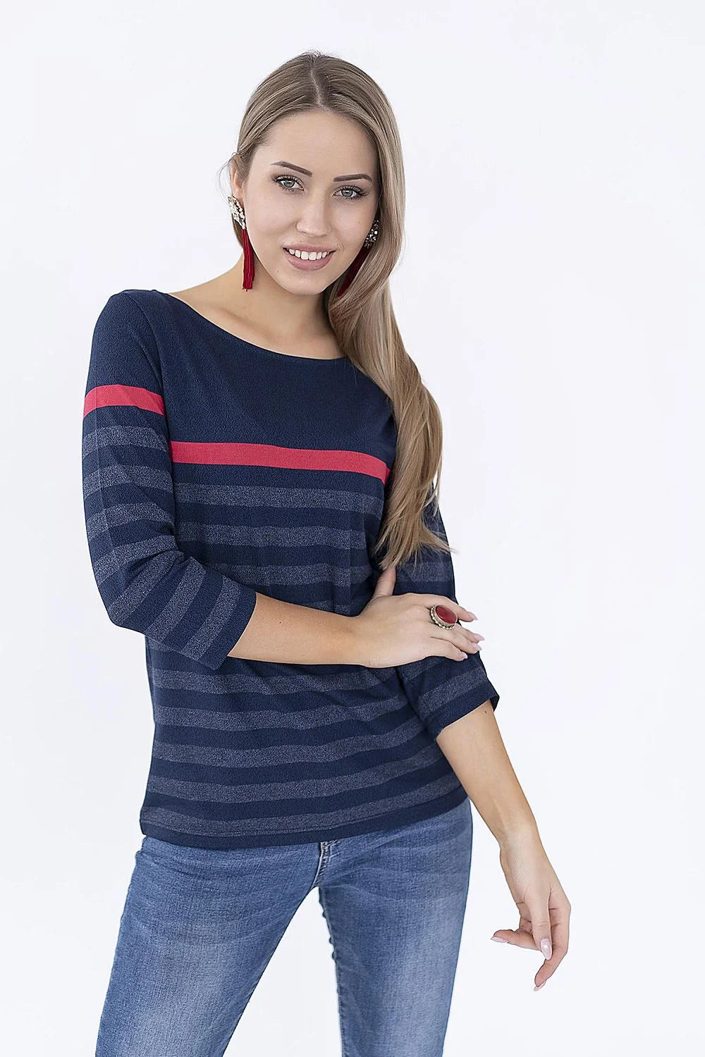 Pull femme en jersey doux rayures horizontales noir gris rouge style décontracté polyvalent moderne