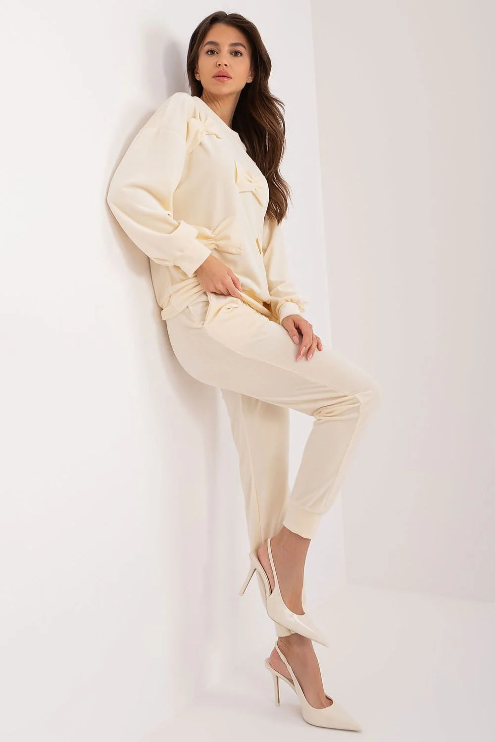 ensemble Italy Moda velours crème jogging sweat oversize manches longues nœuds décoratifs pantalon fuselé élastique chevilles côtelées chic féminin