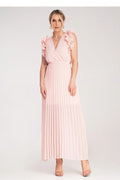Robe de cocktail élégante longue sans manches en V rose pâle tissu léger volants épaules femmes occasion spéciale soirée mariage