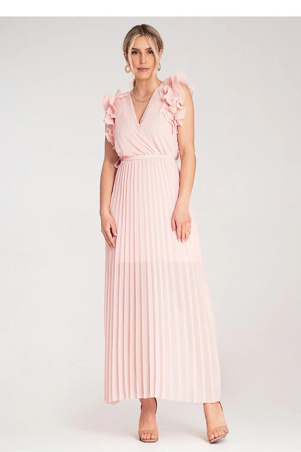 Robe de cocktail élégante longue sans manches en V rose pâle tissu léger volants épaules femmes occasion spéciale soirée mariage
