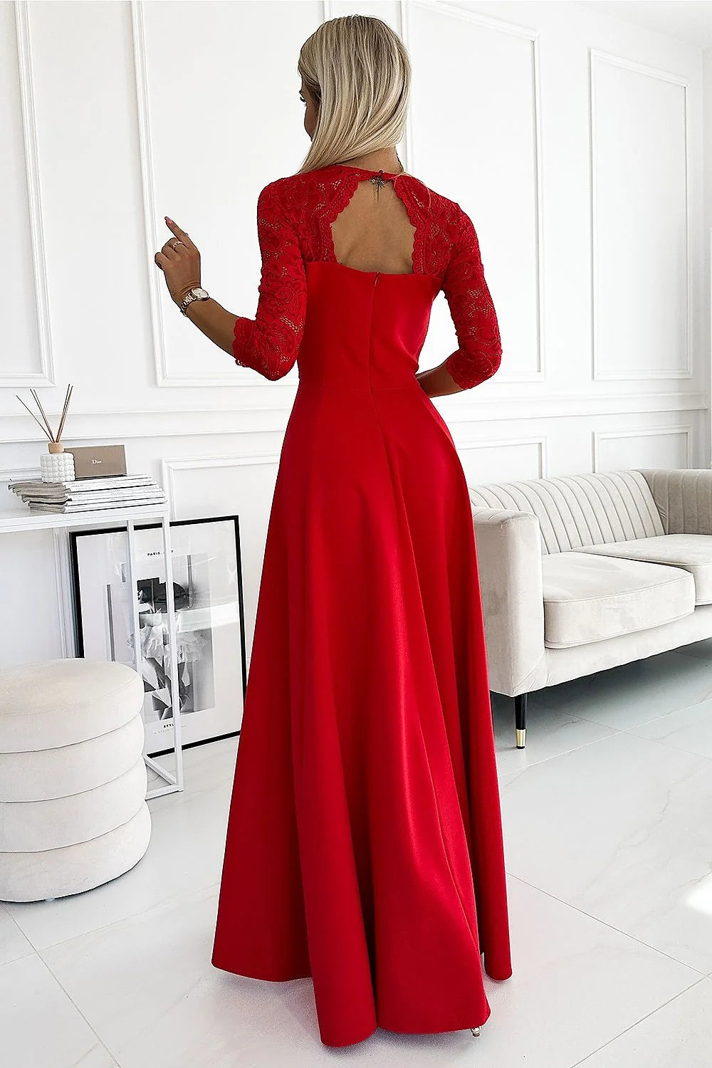 Robe longue élégante en dentelle rouge décolleté cœur manches 3/4 fente jupe polyester elasthanne femme