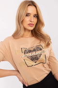 T-shirt féminin casual longueur standard manches 3/4 col rond imprimé Free Spirit Kind Heart motifs dentelle cœur doré coton élasthanne beige