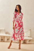 Robe de jour élégante longueur midi manches trois-quarts encolure V ceinture ajustable tissu léger motifs abstraits femmes occasion semi-formelle