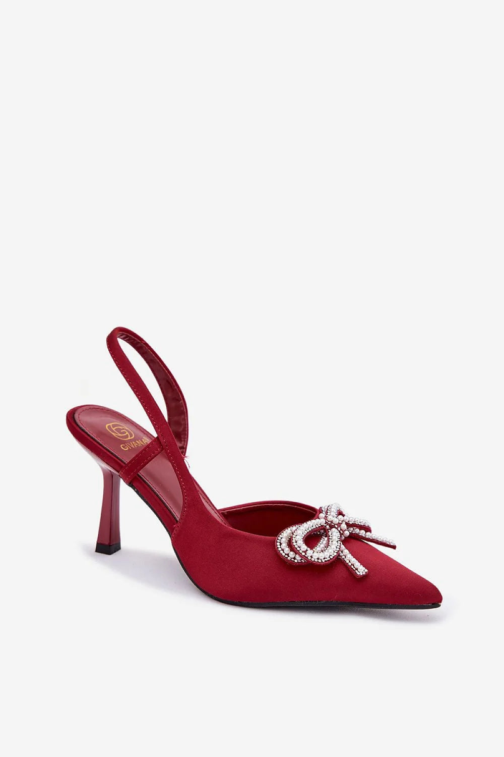 escarpins femme bordeaux satin bout pointu talon aiguille bride arrière nœud bijou perles zircons scintillants semelle fine silhouette allongeante élégante