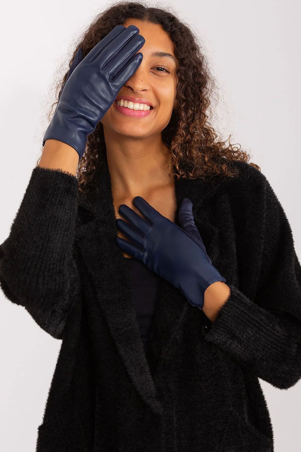 Gants élégants pour femmes en cuir lisse bleu marine, style classique, index fleuri, polyuréthane 50% polyester 40% spandex 10%
