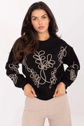 sweatshirt femme noir col rond coupe décontractée broderie florale beige doré lignes continues molleton doux manches longues confort stretch