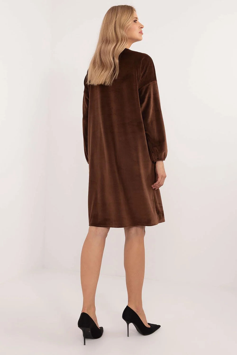 Robe élégante pour femme velours marron profond encolure V manches longues coupe ample occasions quotidiennes