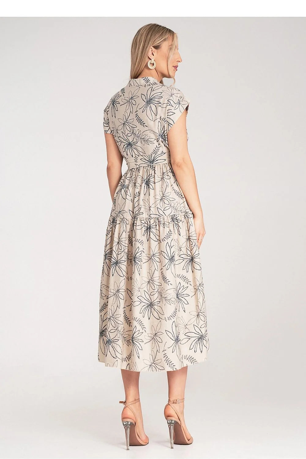 robe midi femme beige fleurie viscose légère manches courtes kimono col mao ceinture nouée cintrée jupe évasée bohème chic