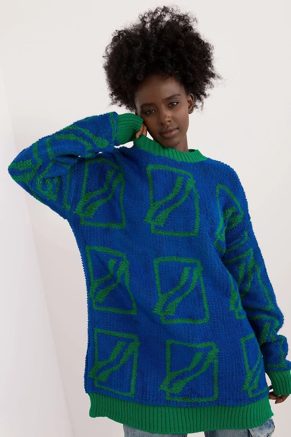 Chandail pour femme oversized design géométrique bleu vert manches longues col rond tricoté mélange acrylique laine