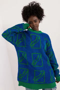 Chandail pour femme oversized design géométrique bleu vert manches longues col rond tricoté mélange acrylique laine