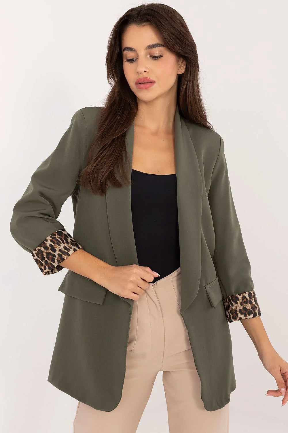 Blazer femme moderne élégant vert olive motif léopard manches trois-quarts revers châle sans boutons coupe droite polyvalent automne hiver printemps