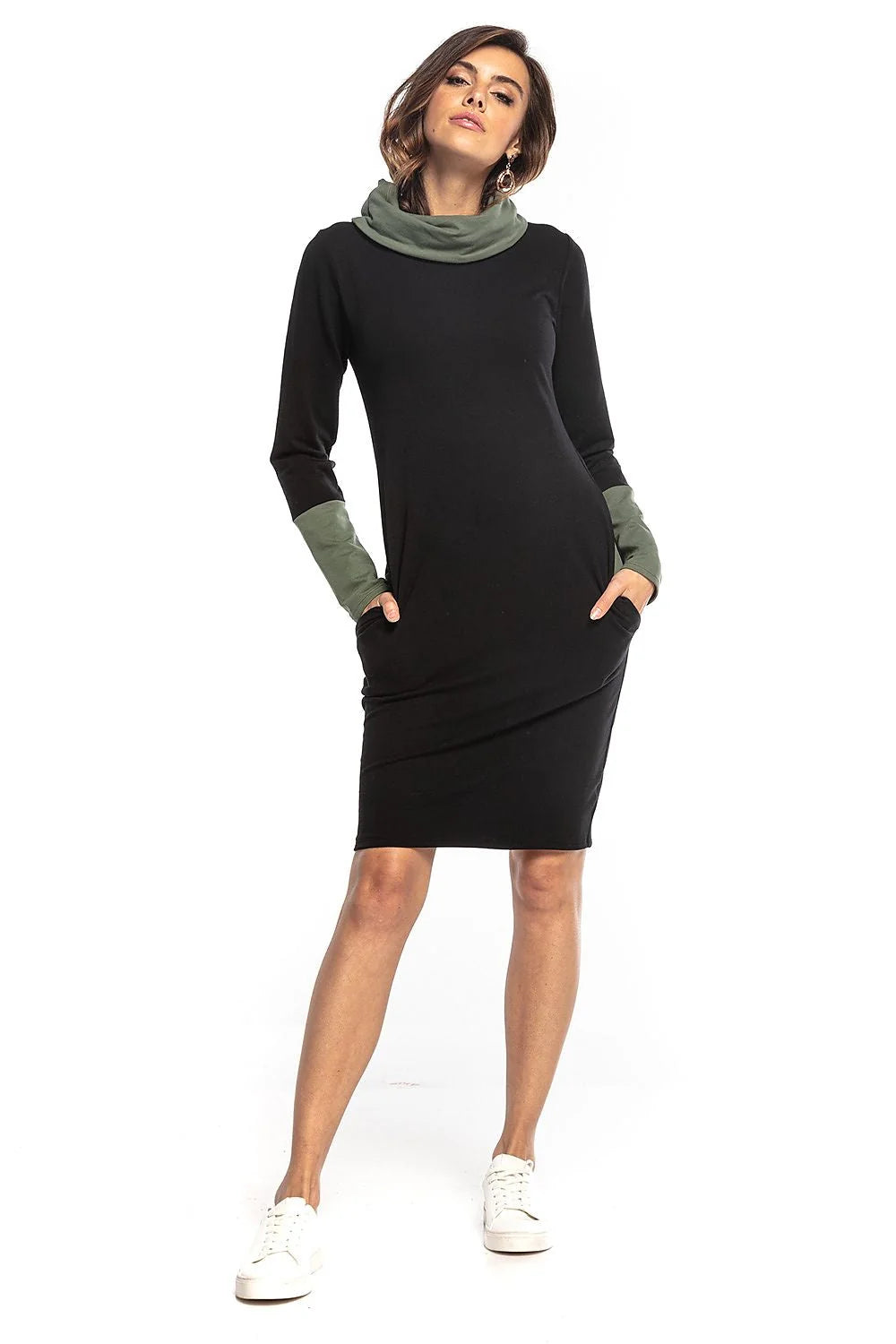 Robe en maille coton casual chic noire rose ajustée confortable manches longues avec poches femmes