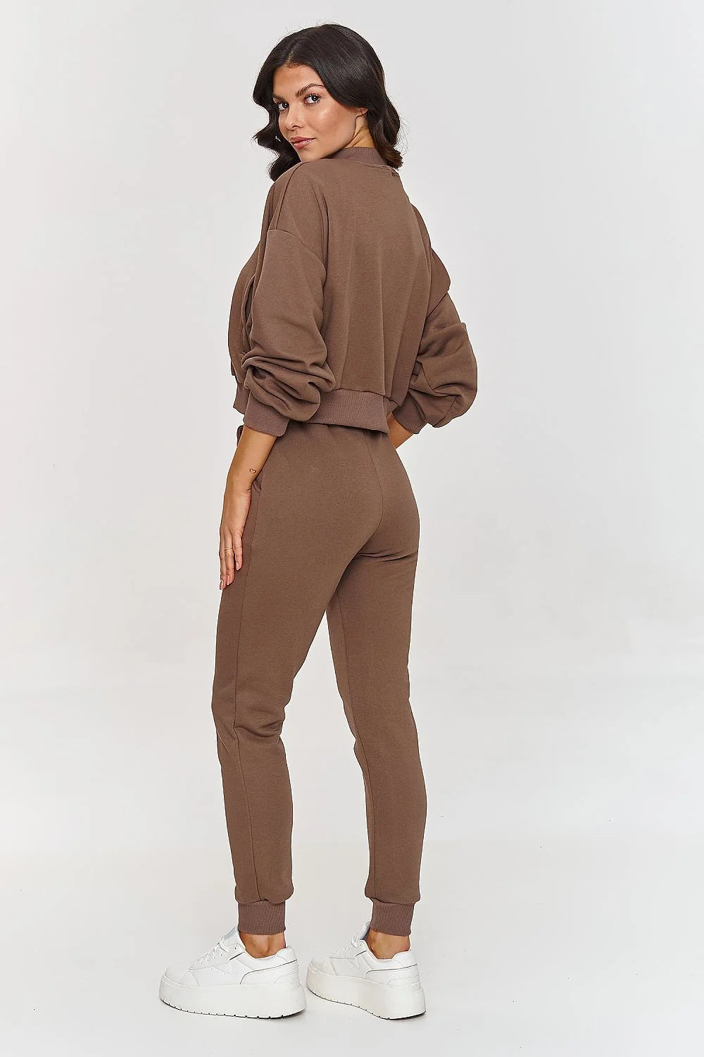ensemble coordonné makadamia femme casualchic sweat bomber court boutons pantalon jogger taille haute molletonné coton brun poches latérales