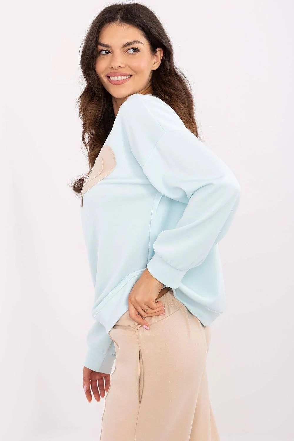 Sweatshirt femme Italia Moda décontracté style moderne cœur perlé bleu pastel