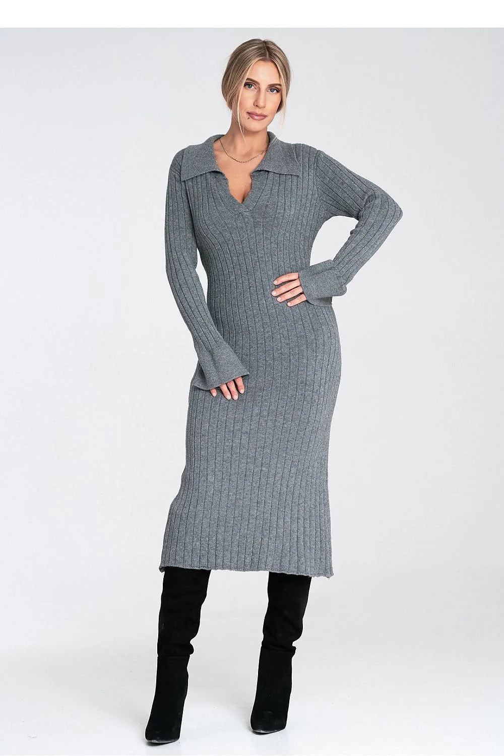 robepull midi côtelée gris chiné femme maille tricotée extensible coupe ajustée mi mollet col polo V manches longues évasées bordcôte