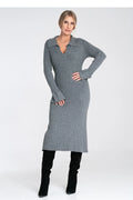 robepull midi côtelée gris chiné femme maille tricotée extensible coupe ajustée mi mollet col polo V manches longues évasées bordcôte