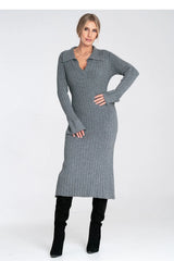 robepull midi côtelée gris chiné femme maille tricotée extensible coupe ajustée mi mollet col polo V manches longues évasées bordcôte