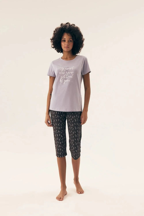 Pyjama Henderson Femme Élégante Confortable Lavande Douce T-shirt Manches Courtes Encolure Ronde Pantalon Capri Motif Subtil Élastique Waist