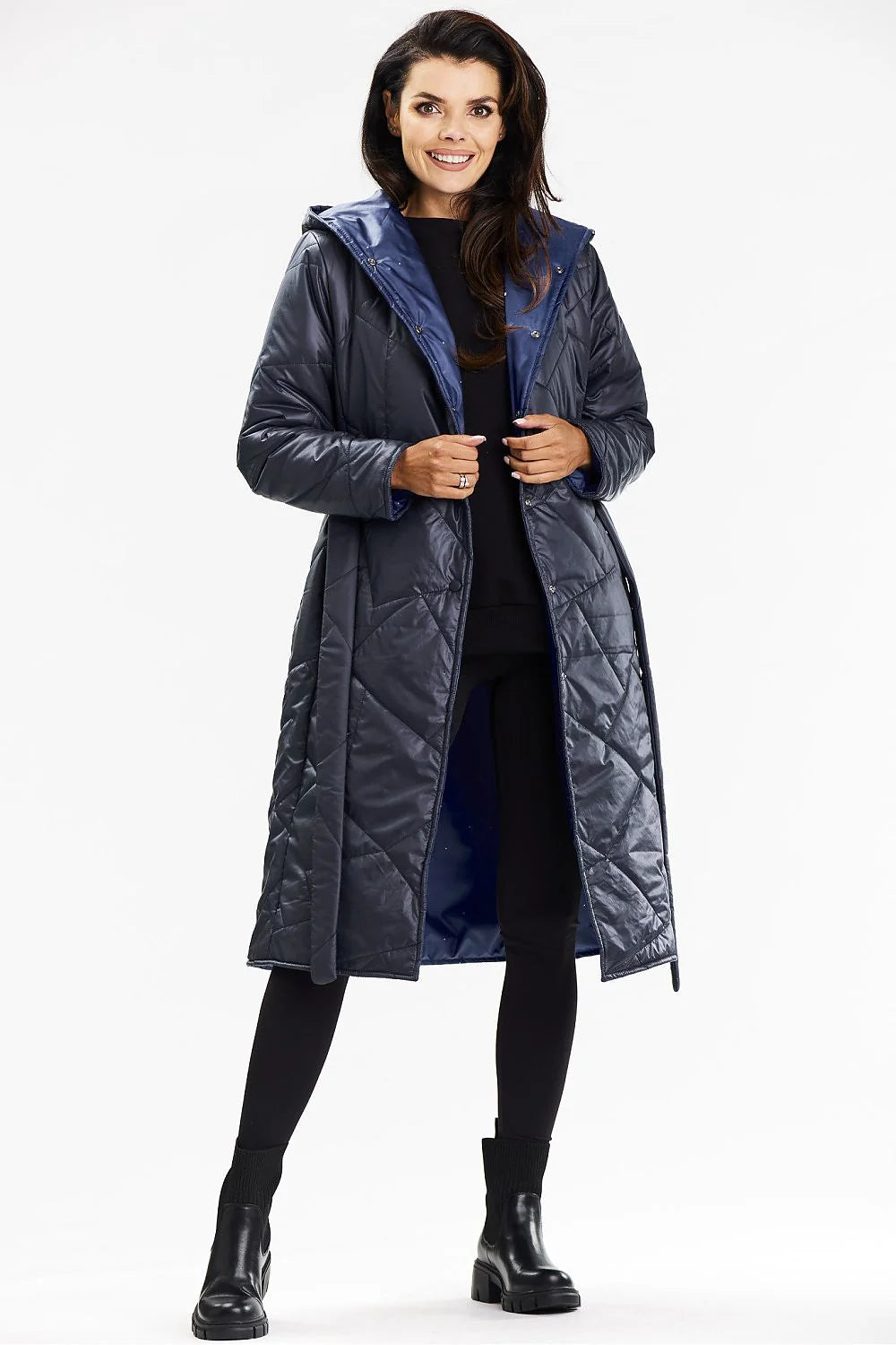 Manteau long à capuche Awama pour femmes, bleu marine, polyester 100%, doublure étoilée, fermeture boutons-pression, occasion quotidienne et hivernale
