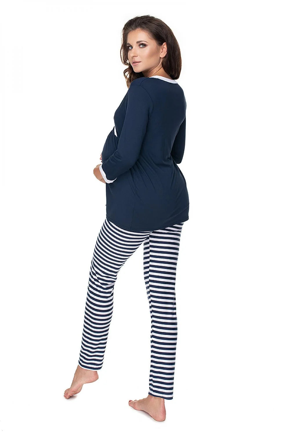 pyjama maternité PeeKaBoo cachecoeur allaitement manches longues bordures blanches pantalon slim rayures marines coupe empire froncée jersey extensible respirant confort