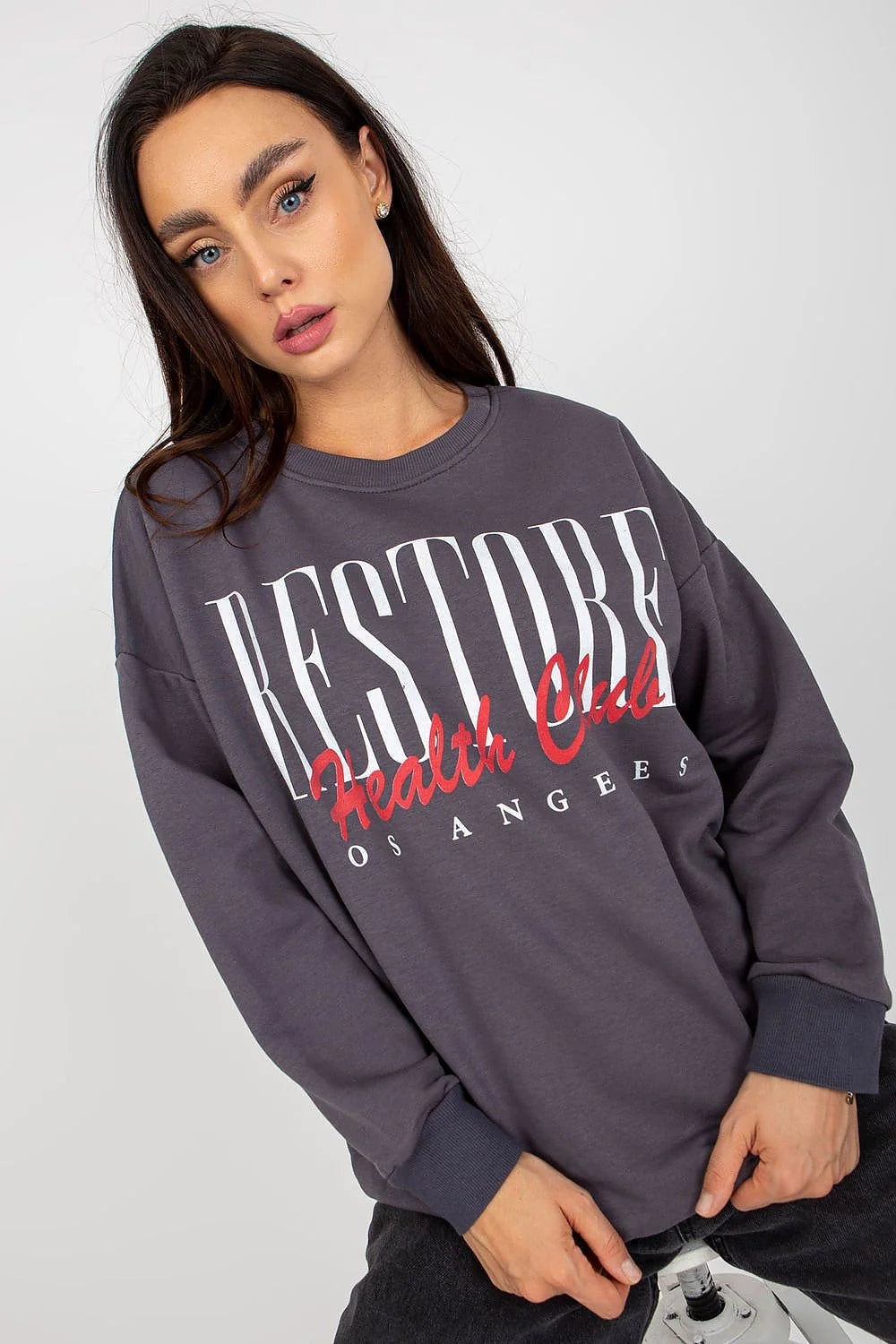 Sweatshirt femme coton imprimé urbain RESTORE Health Club OS ANGELES manches longues col rond côtelé couleur grise