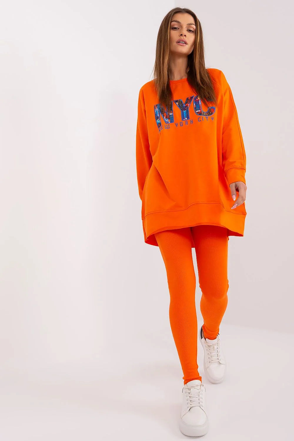 Ensemble femme sweat capuche legging NYC urban style couleur vif orange coton polyester elasthanne taille haute occasion sortie