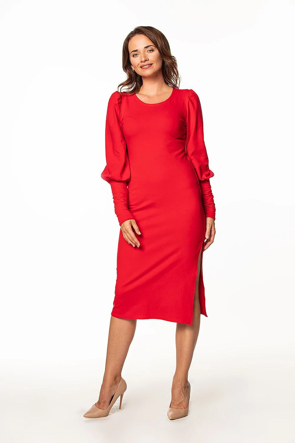 Robe de jour moderne élégante manches longues bouffantes en coton polyester couleur rouge vif taille ajustée pour femme