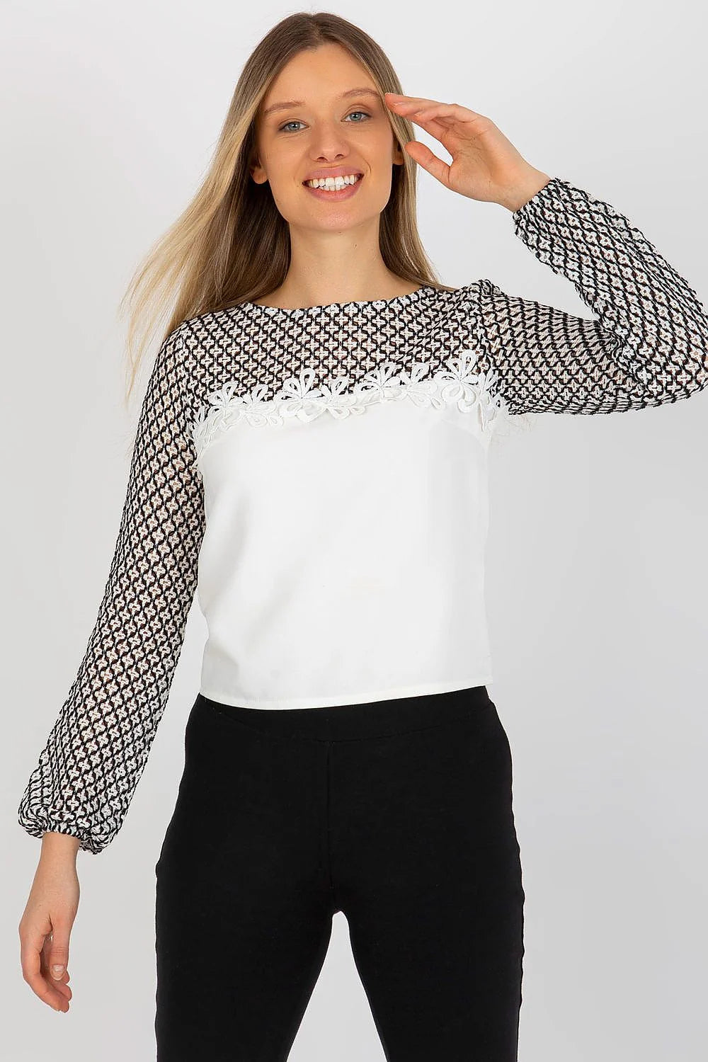 Chemisier Lakerta élégant moderne pour femme manches longues dentelle maille couleur blanche noire polyester coton taille ajustable