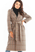 Manteau pour femme élégant classique motif carreaux long double col ceinture manches longues fabriqué en Pologne polyester elasthanne taille S/M L/XL