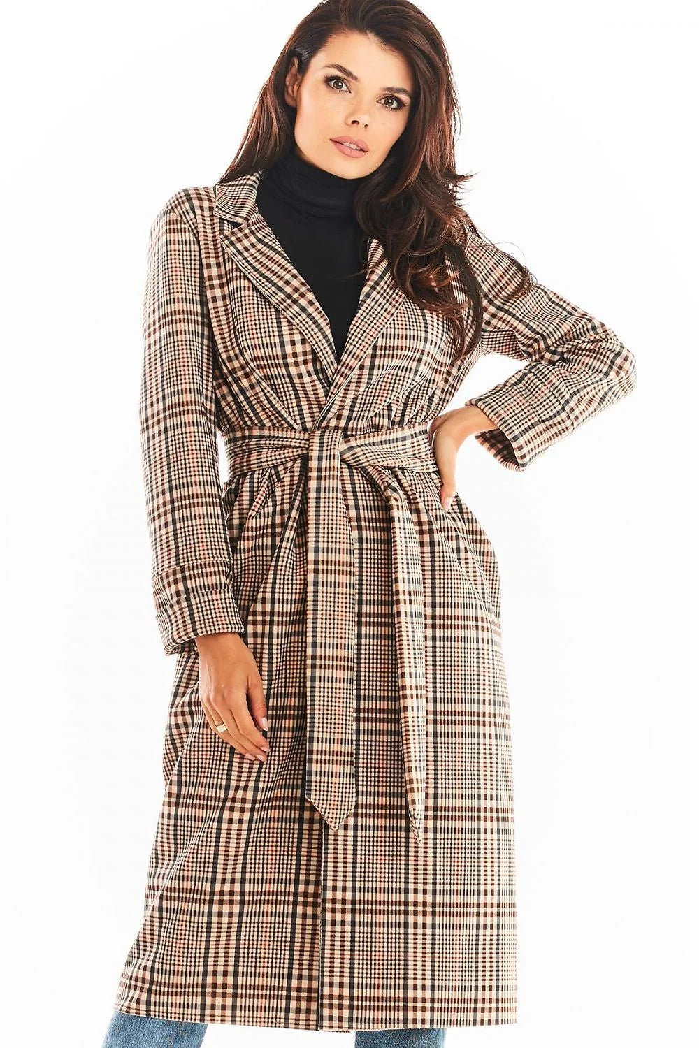 Manteau pour femme élégant classique motif carreaux long double col ceinture manches longues fabriqué en Pologne polyester elasthanne taille S/M L/XL